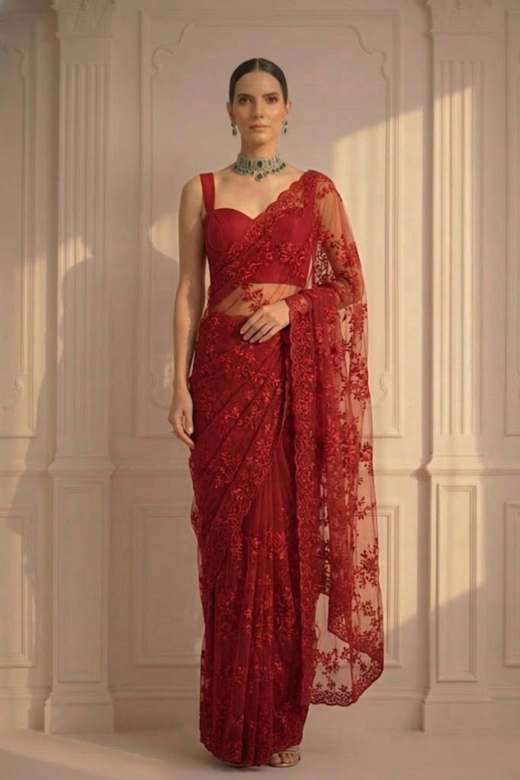 Dhiyona ST Red Stripe Lace Saree with Sequin and Blouse Fabric