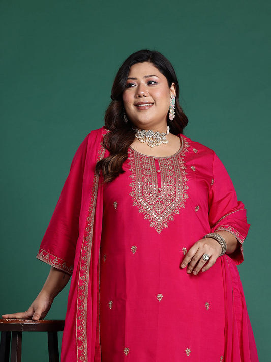 Dhiyona Women's Plus Size Ethnic Motifs Embroidered Sequinned Kurta with Trousers & With Dupatta