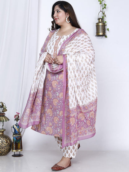 Dhiyona KL Plus Size Floral Printed Pure Cotton Kurta with Trousers & Dupatta