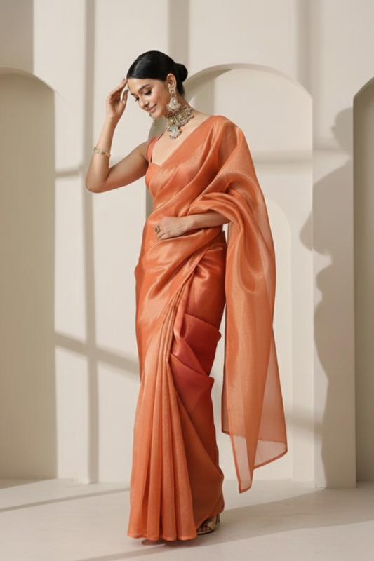 Dhiyona ST Rani Copper Banarasi Tissue Saree with Blouse Fabric