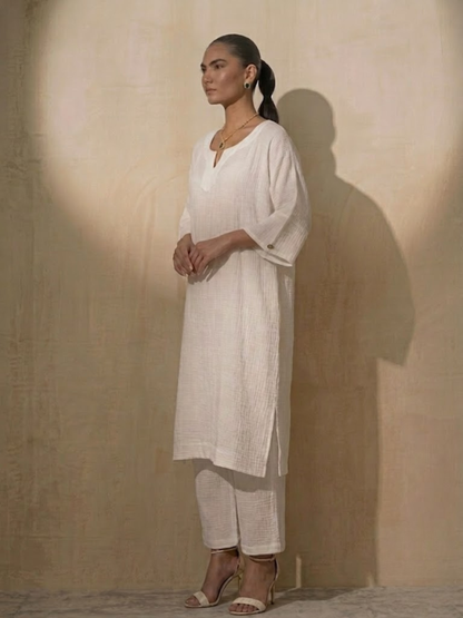 Dhiyona ST 2 pc Set - White Easy Addictive Travel Airflow Kurta and Pant Set