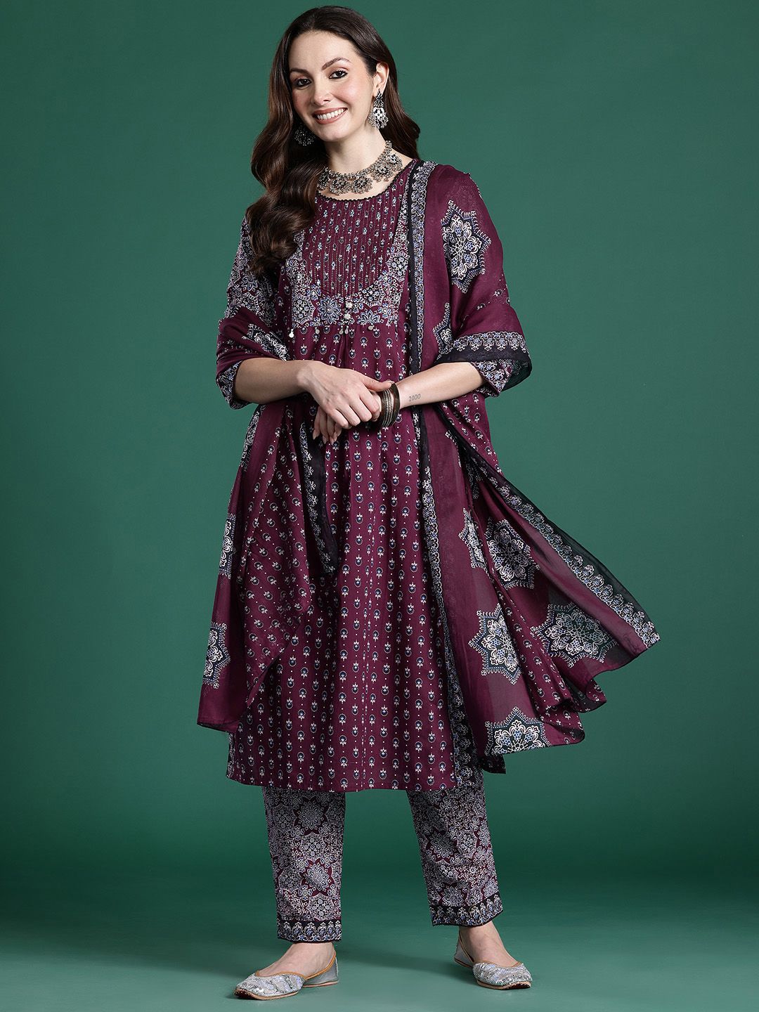 Dhiyona IE Ethnic Motifs Printed Mirror Work Pure Cotton Kurta with Trousers & With Dupatta