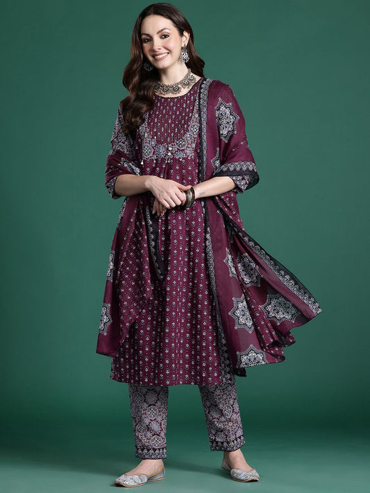 Ethnic Motifs Printed Mirror Work Pure Cotton Kurta with Trousers & With Dupatta