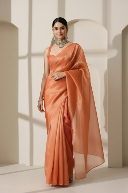 Dhiyona ST Rani Copper Banarasi Tissue Saree with Blouse Fabric