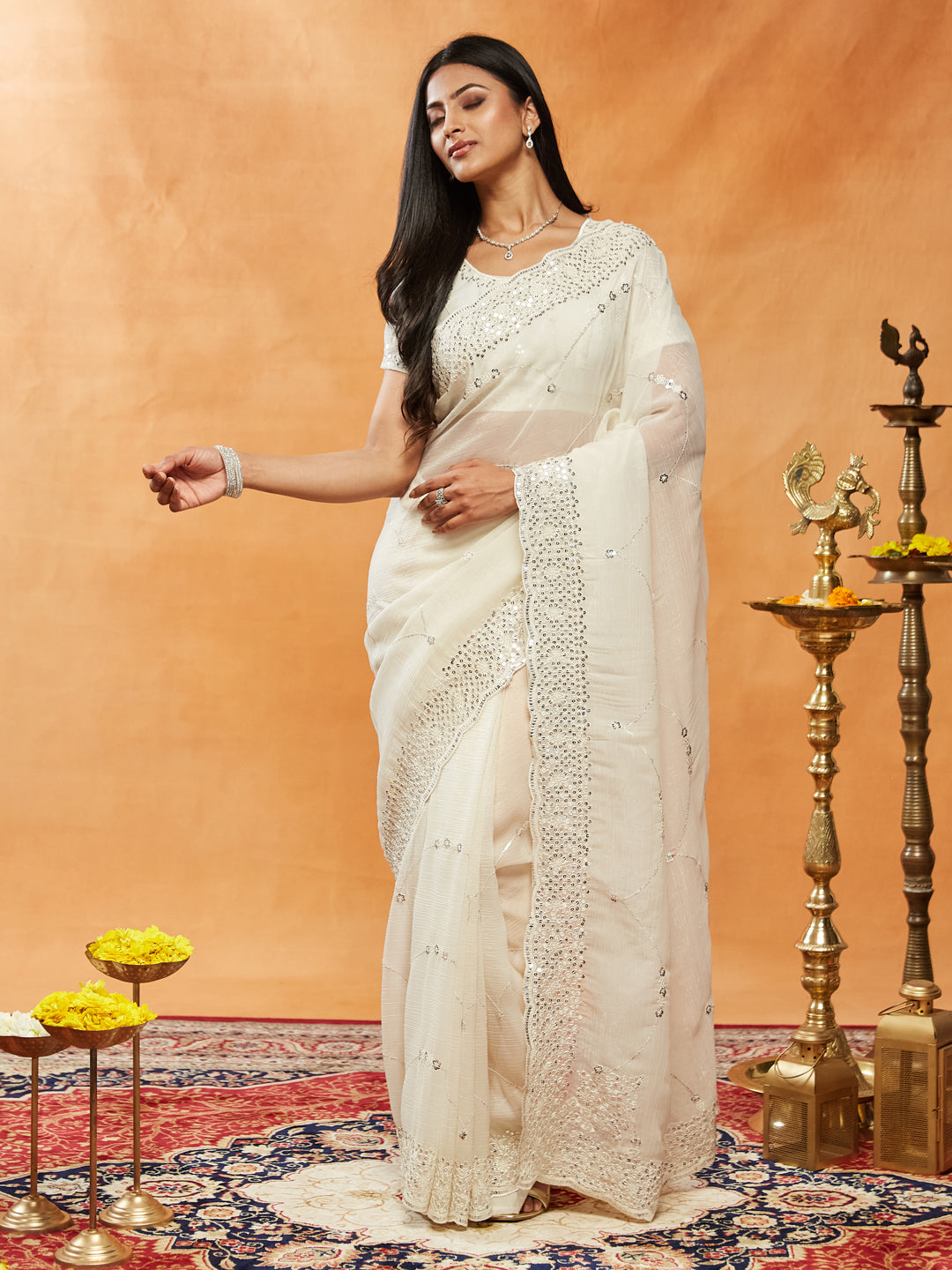 Dhiyona KS Women's Embellished Embroidered Pure Chiffon Saree