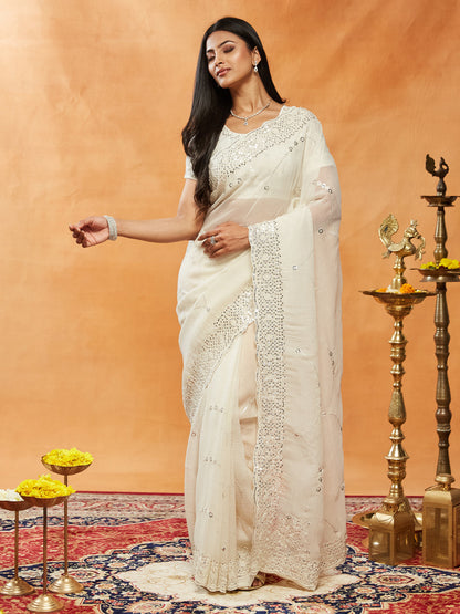 Dhiyona KS Women's Embellished Embroidered Pure Chiffon Saree