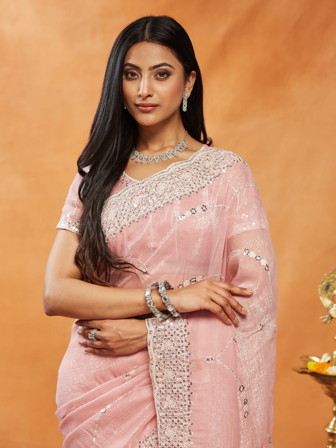 Dhiyona KS Women's Sequinned Embroidered Pure Chiffon Saree