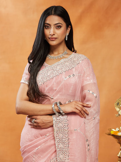 Dhiyona KS Women's Sequinned Embroidered Pure Chiffon Saree