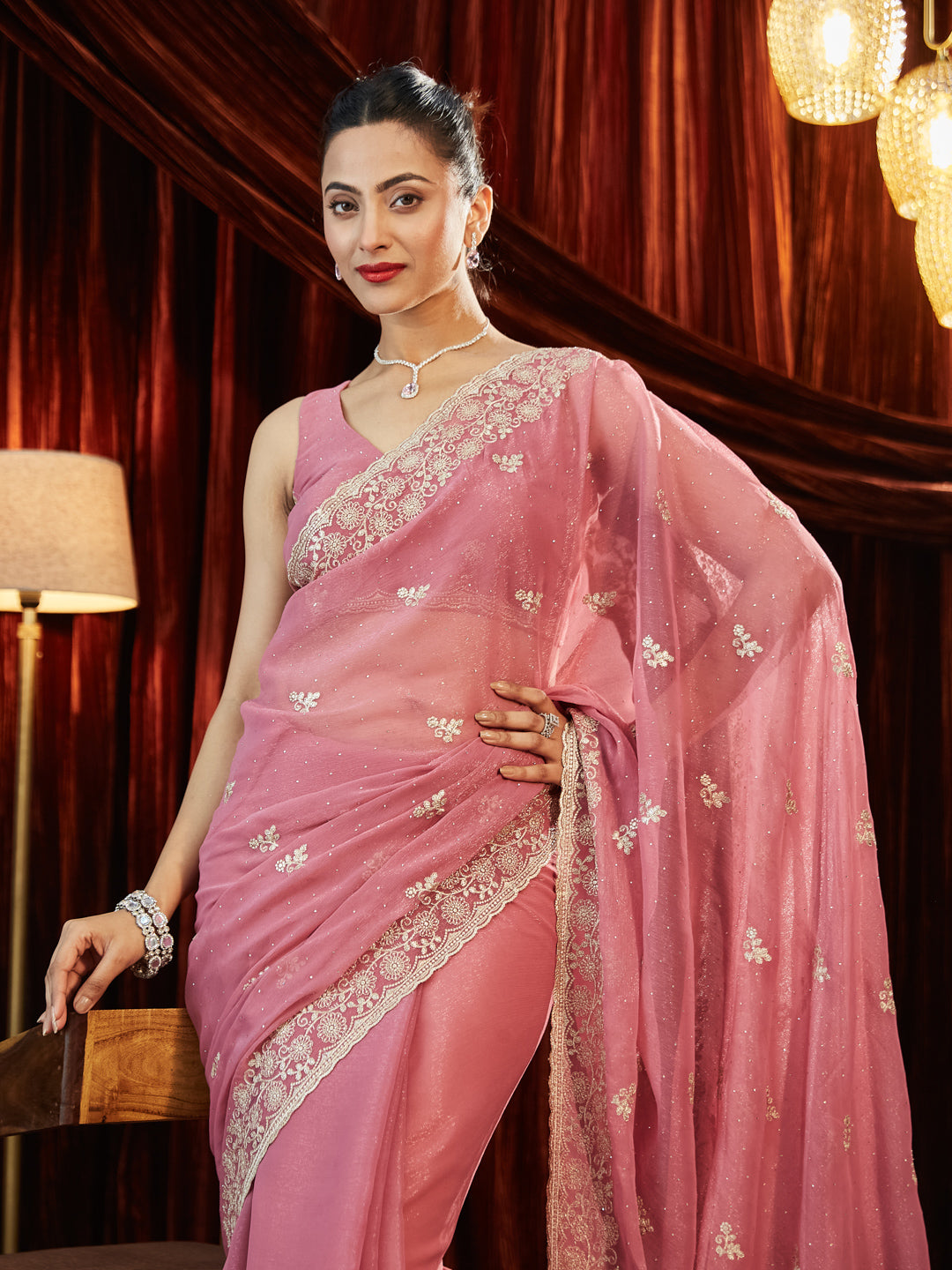 Dhiyona KS Women's Pure Chiffon Embellished Embroidered Saree With Unstitched Blouse Piece