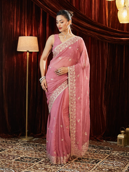 Dhiyona KS Women's Pure Chiffon Embellished Embroidered Saree With Unstitched Blouse Piece