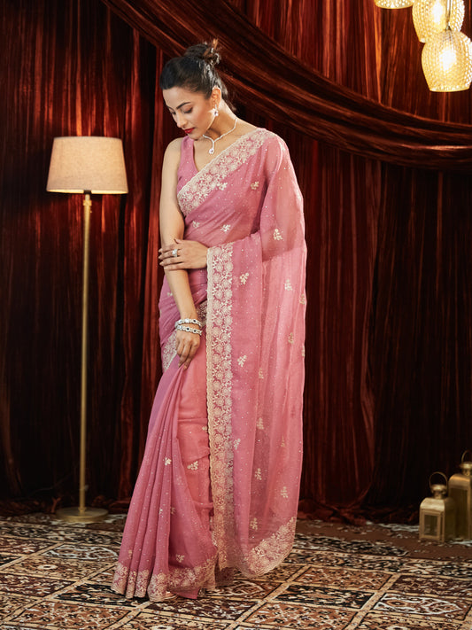 Dhiyona KS Women's Pure Chiffon Embellished Embroidered Saree With Unstitched Blouse Piece