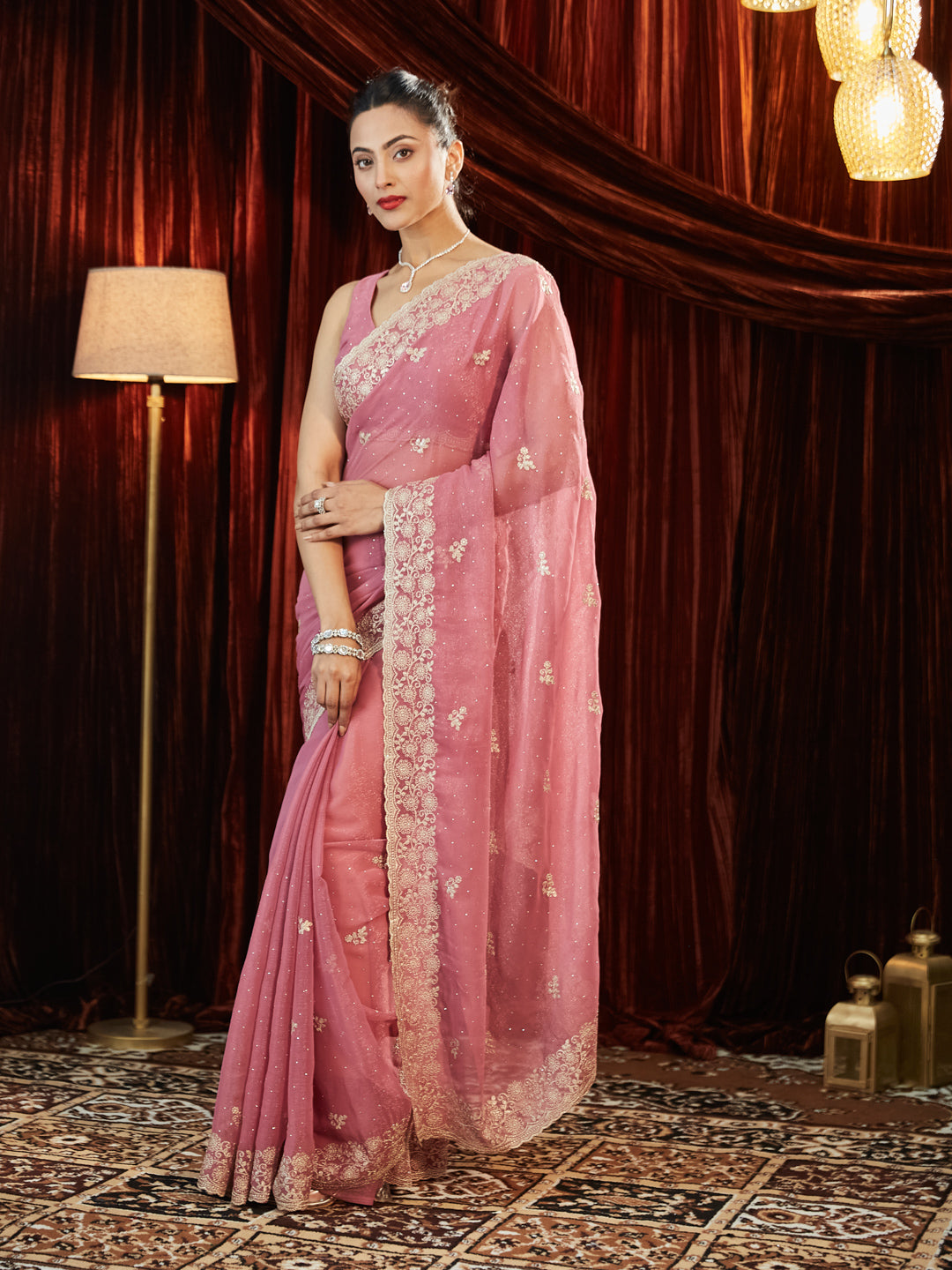 Dhiyona KS Women's Pure Chiffon Embellished Embroidered Saree With Unstitched Blouse Piece