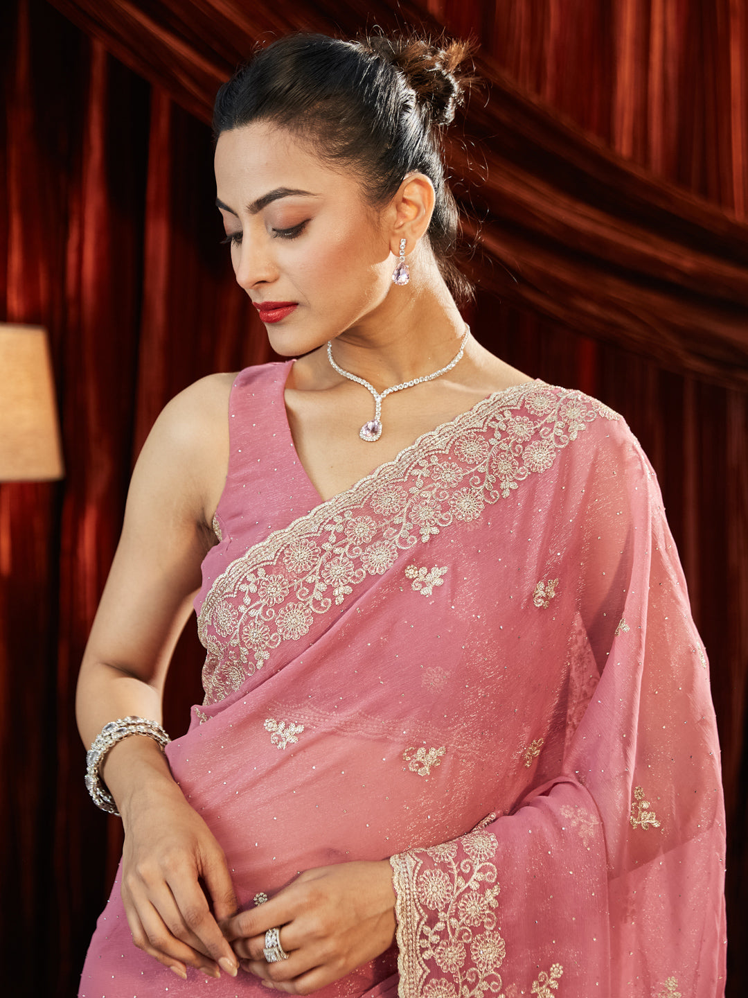 Dhiyona KS Women's Pure Chiffon Embellished Embroidered Saree With Unstitched Blouse Piece