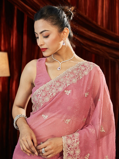 Dhiyona KS Women's Pure Chiffon Embellished Embroidered Saree With Unstitched Blouse Piece