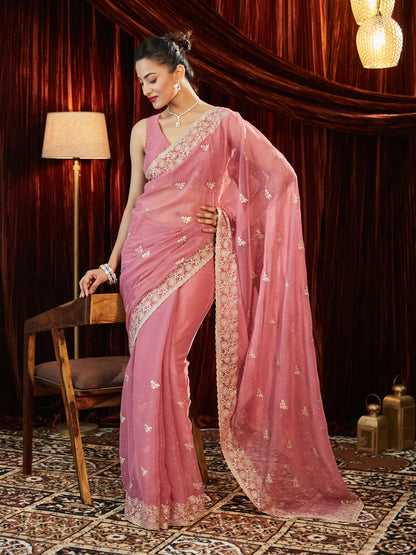 Dhiyona KS Women's Pure Chiffon Embellished Embroidered Saree With Unstitched Blouse Piece
