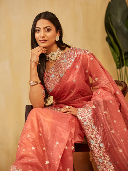 Dhiyona KS Women's Floral Embroidered Supernet Saree