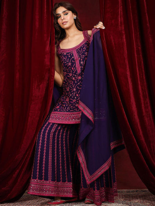 Dhiyona LL Floral Embroidered Sequinnce Work Round Neck Kurta with Palazzos & Dupatta
