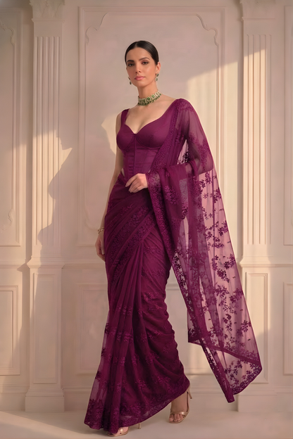 Dhiyona ST Wine Stripe Lace Saree with Sequin and Blouse Fabric