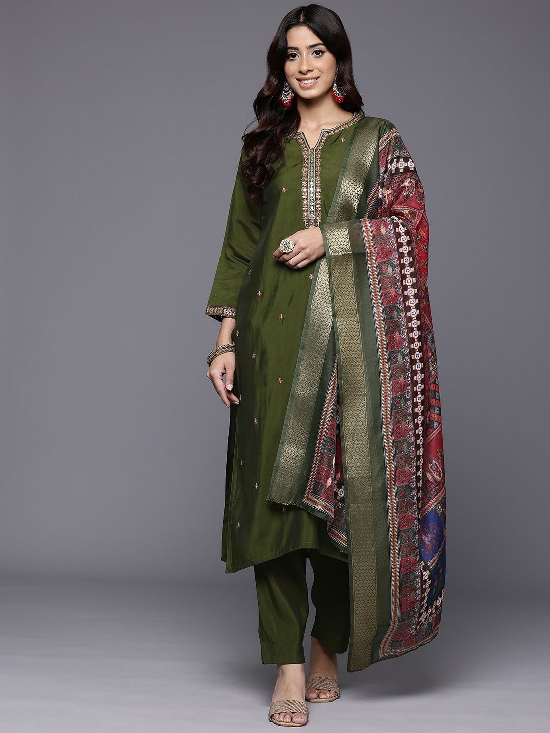 Olive Thread & Zari Embroidered Kurta with Trouser & Ethnic Printed Dupatta