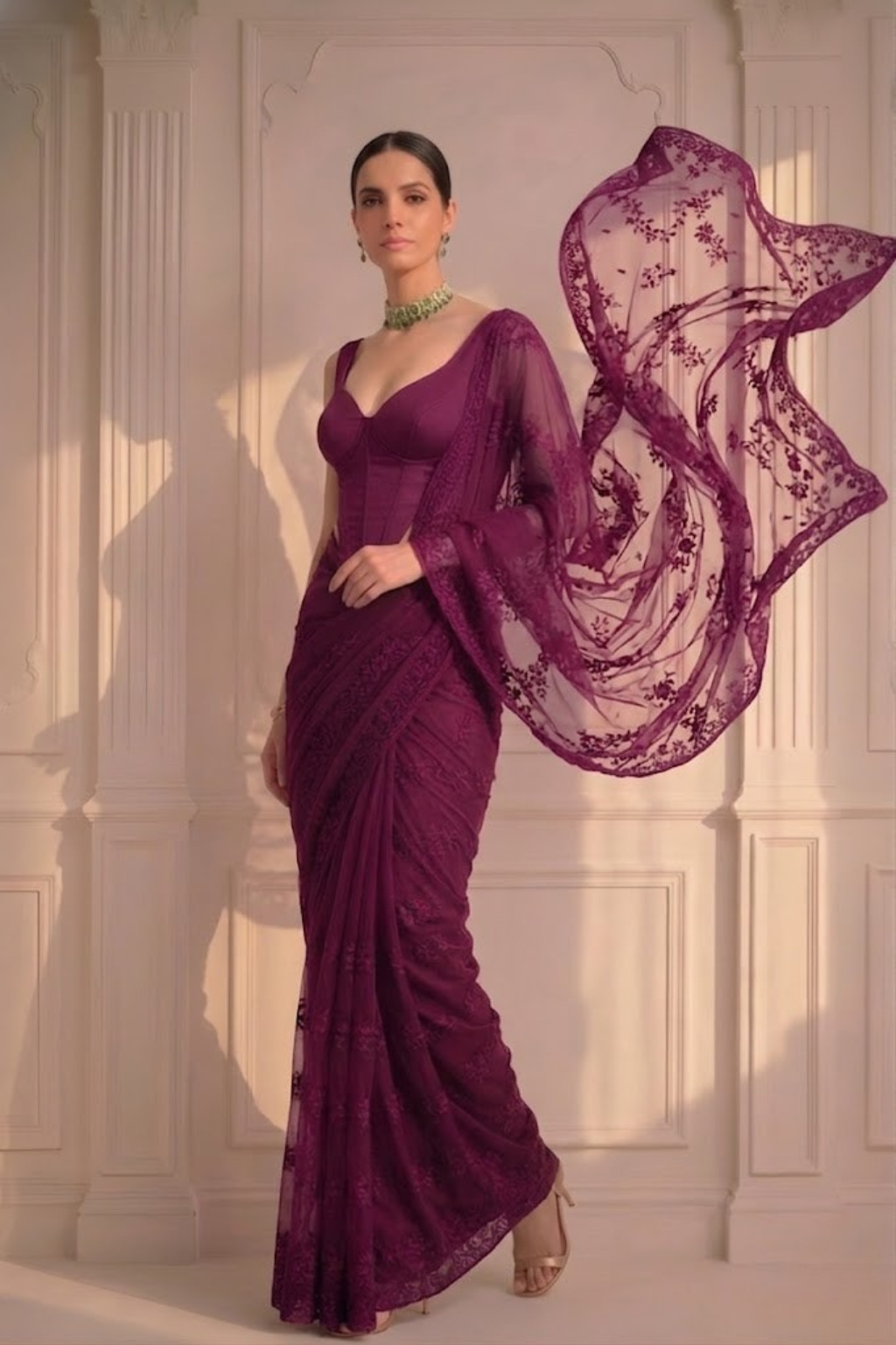 Dhiyona ST Wine Stripe Lace Saree with Sequin and Blouse Fabric