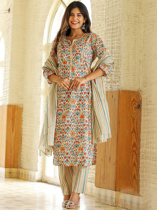 Dhiyona KL Ethnic Motifs Printed Regular Thread Work Pure Cotton Kurta with Trousers & Dupatta