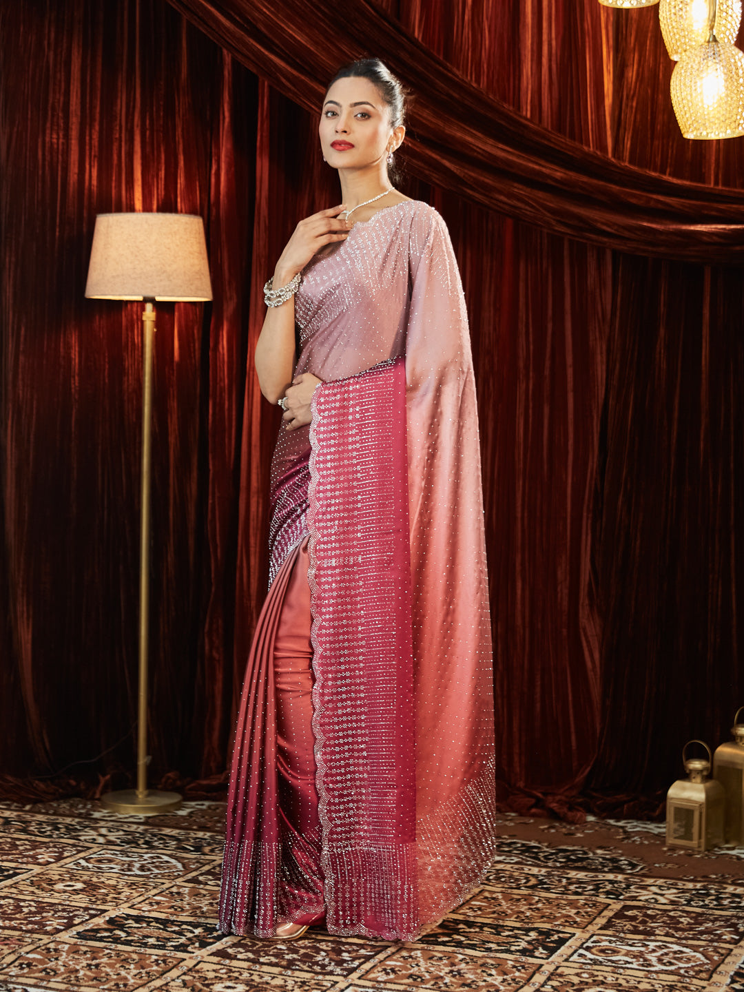 Dhiyona KS Women's Ombre Embellished Beads and Stones Saree
