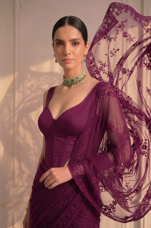 Dhiyona ST Wine Stripe Lace Saree with Sequin and Blouse Fabric