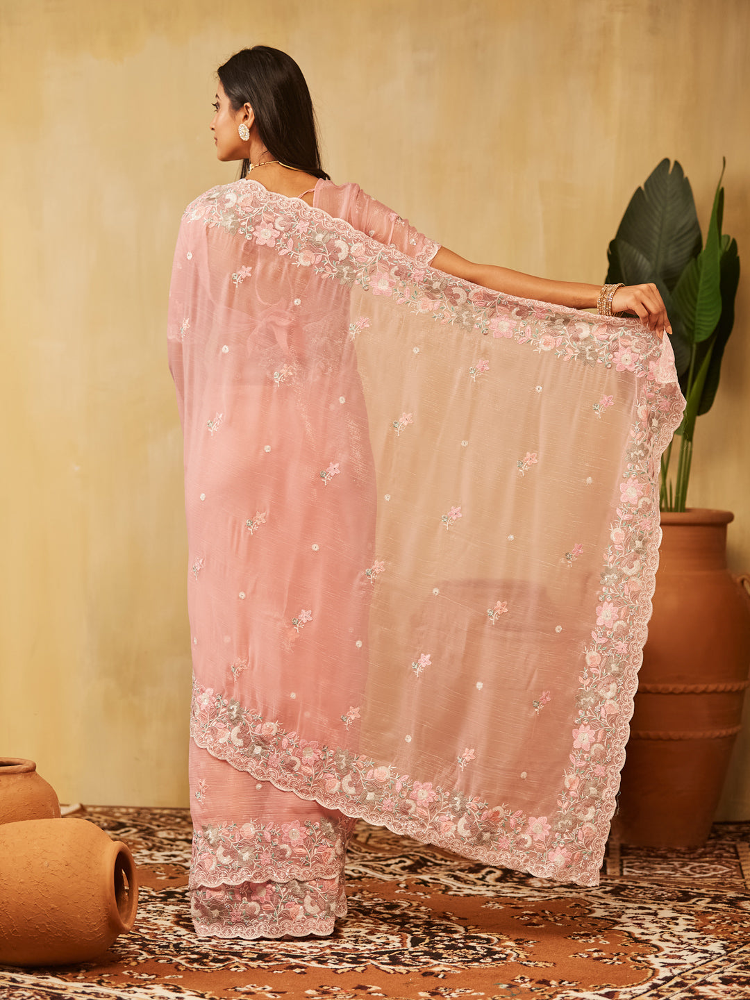 Dhiyona KS Women's Pure Chiffon Floral Embroidered Saree