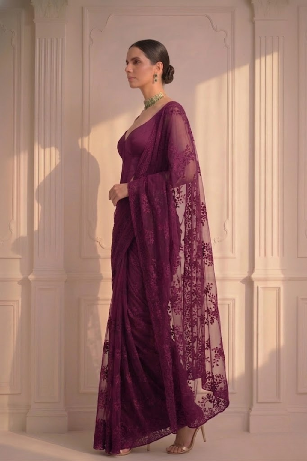 Dhiyona ST Wine Stripe Lace Saree with Sequin and Blouse Fabric
