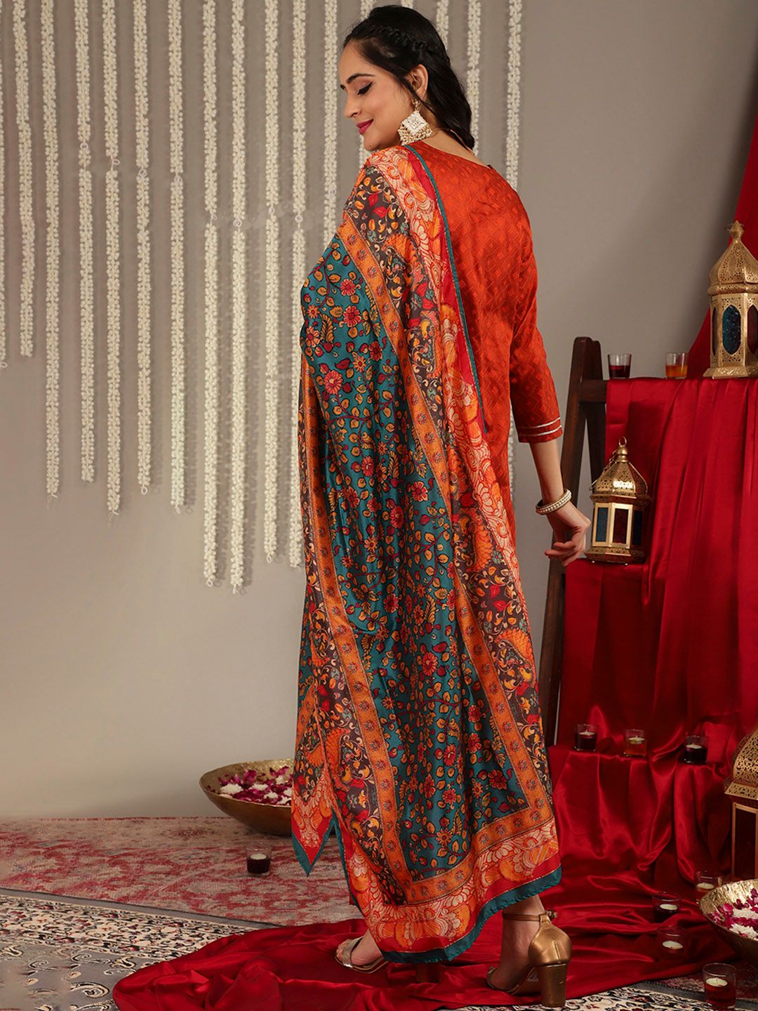Rust Women Rust Yoke Design Kurta with Trousers & With Dupatta