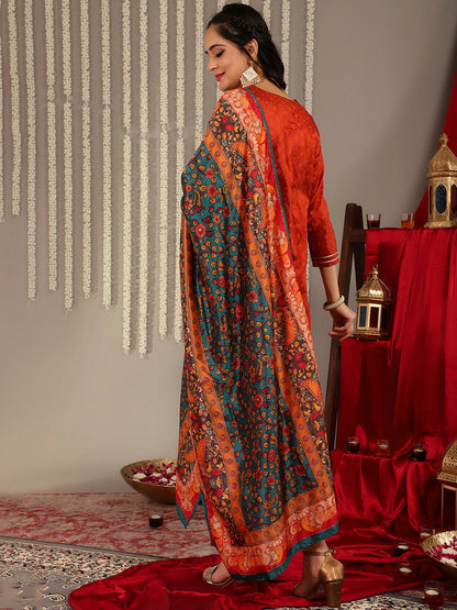 Rust Women Rust Yoke Design Kurta with Trousers & With Dupatta