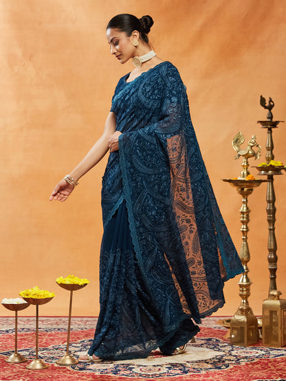 Dhiyona KS Women's Embellished Embroidered Pure Chiffon Saree