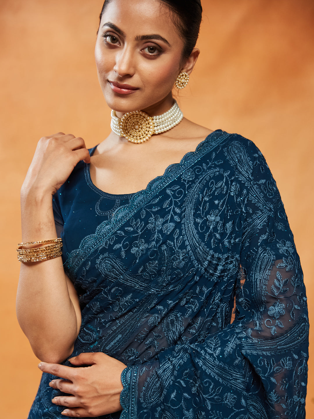 Dhiyona KS Women's Embellished Embroidered Pure Chiffon Saree