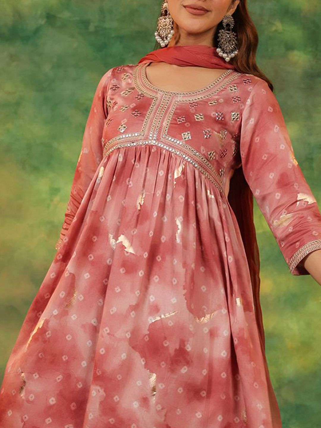 Dhiyona RR Women's Bandhani Printed Pure Cotton Anarkali Kurta With Trousers & Dupatta