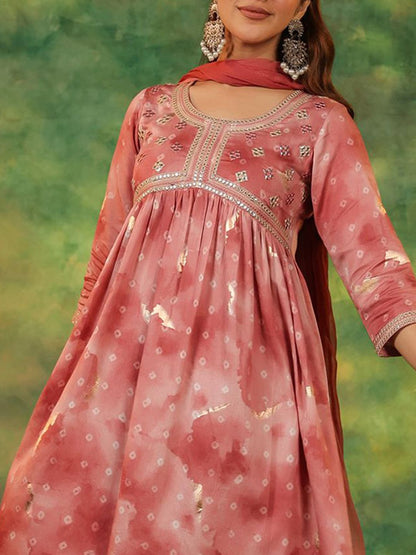 Dhiyona RR Women's Bandhani Printed Pure Cotton Anarkali Kurta With Trousers & Dupatta