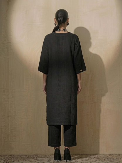 Dhiyona ST 2 pc Set - Black Easy Addictive Travel Airflow Kurta and Pant Set