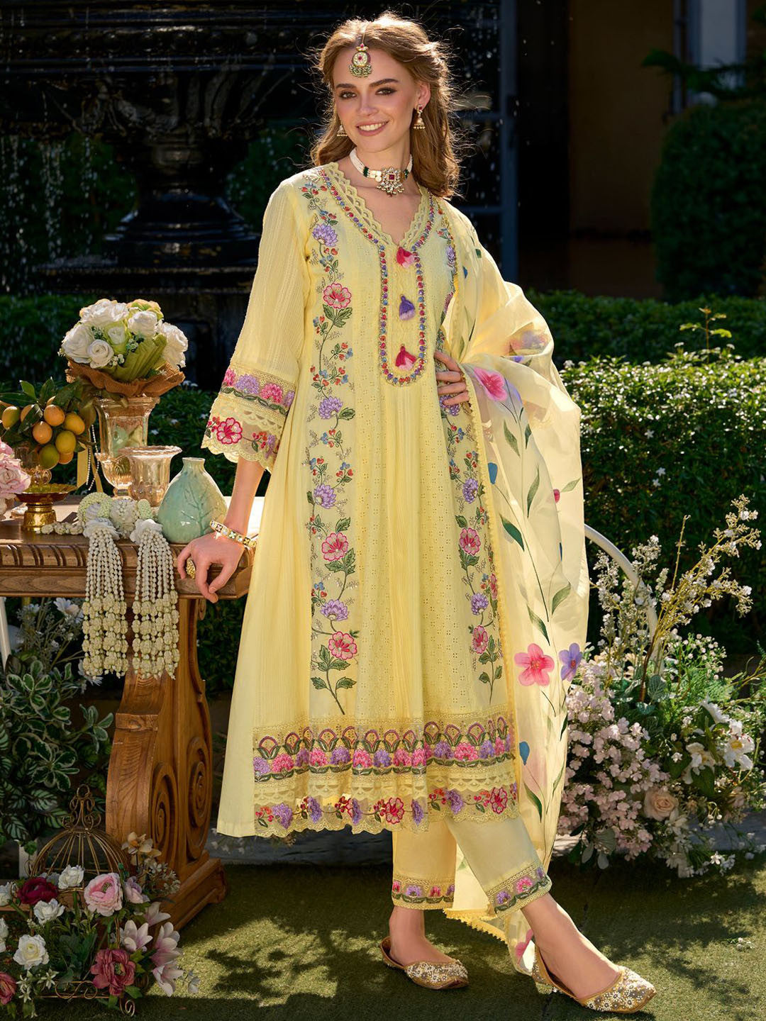 Women Floral Embroidered Cotton Kurta with Trousers & Dupatta