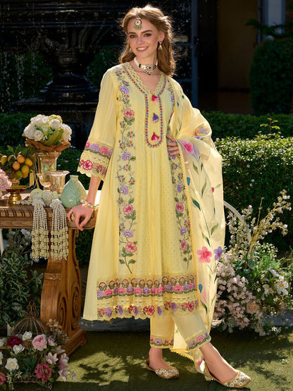 Women Floral Embroidered Cotton Kurta with Trousers & Dupatta
