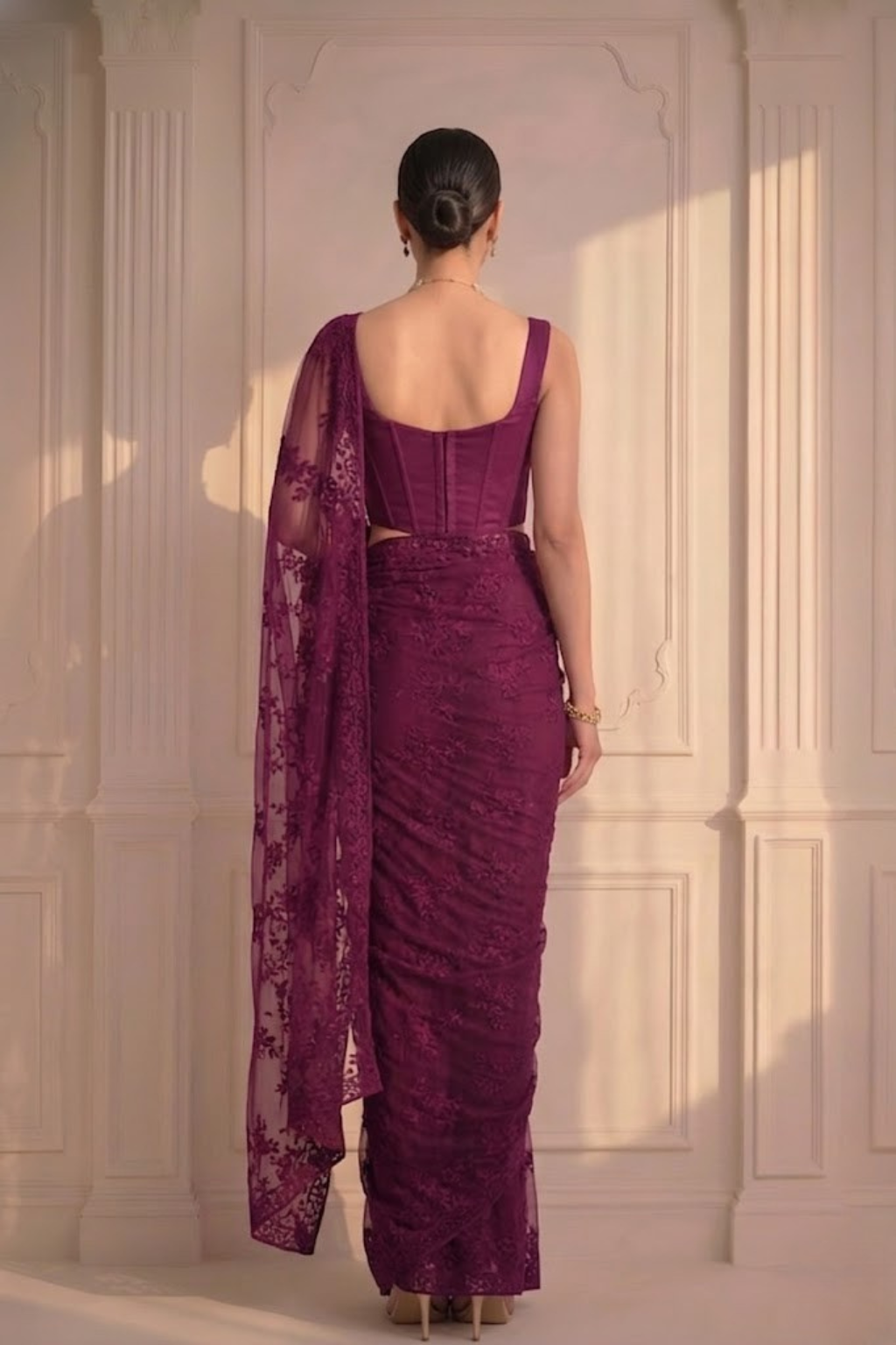Dhiyona ST Wine Stripe Lace Saree with Sequin and Blouse Fabric
