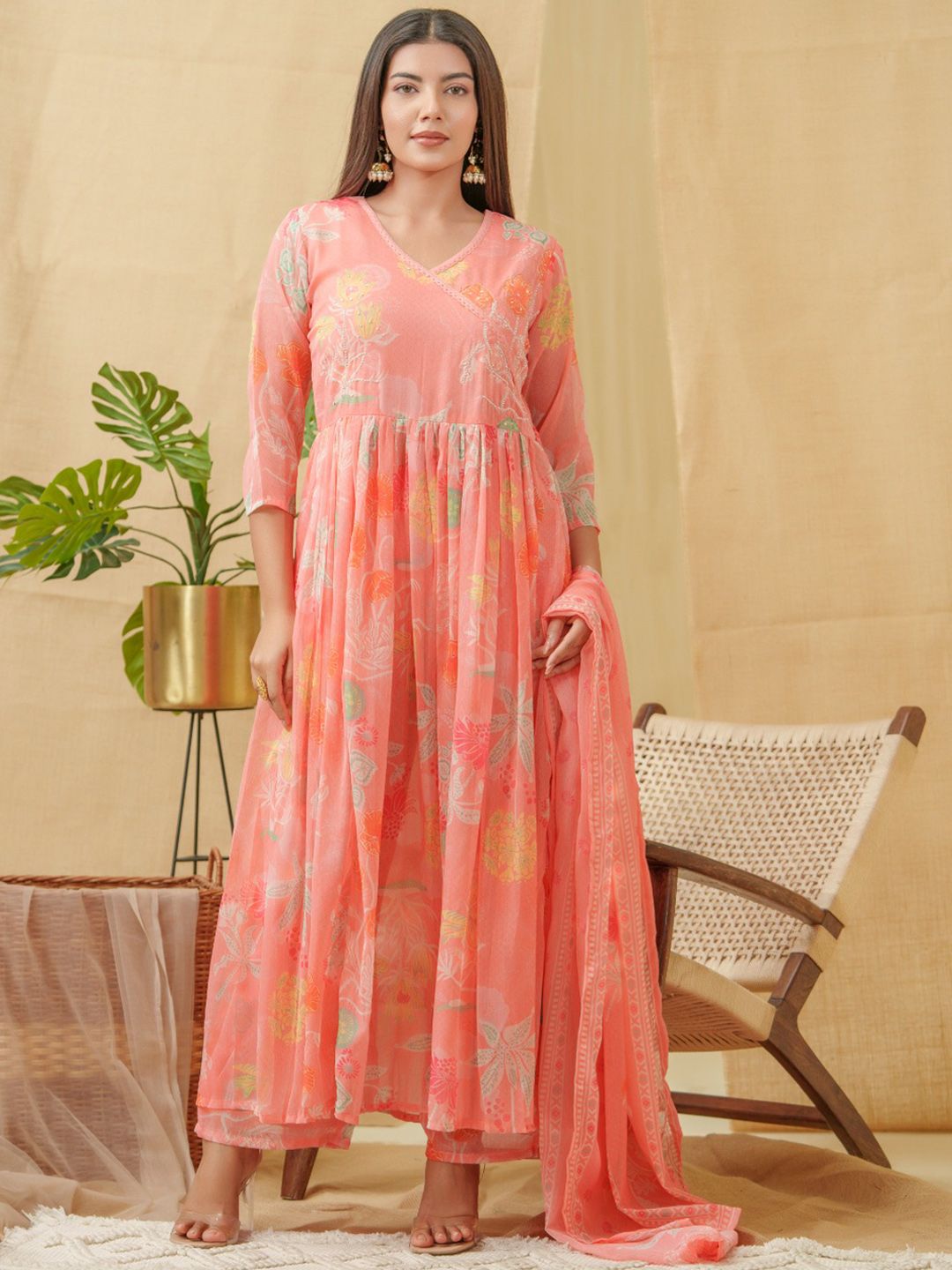 Dhiyona SN Floral Printed Angrakha A-Line Kurta With Palazzos & Dupatta