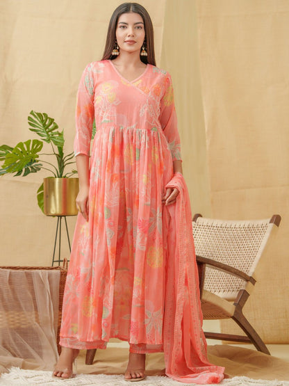 Dhiyona SN Floral Printed Angrakha A-Line Kurta With Palazzos & Dupatta