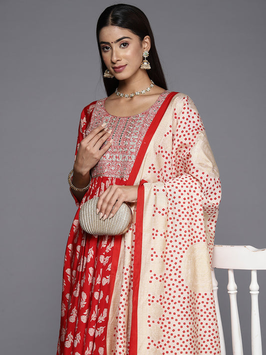 Womens Red Printed Anarkali Kurta With Trousers & Dupatta