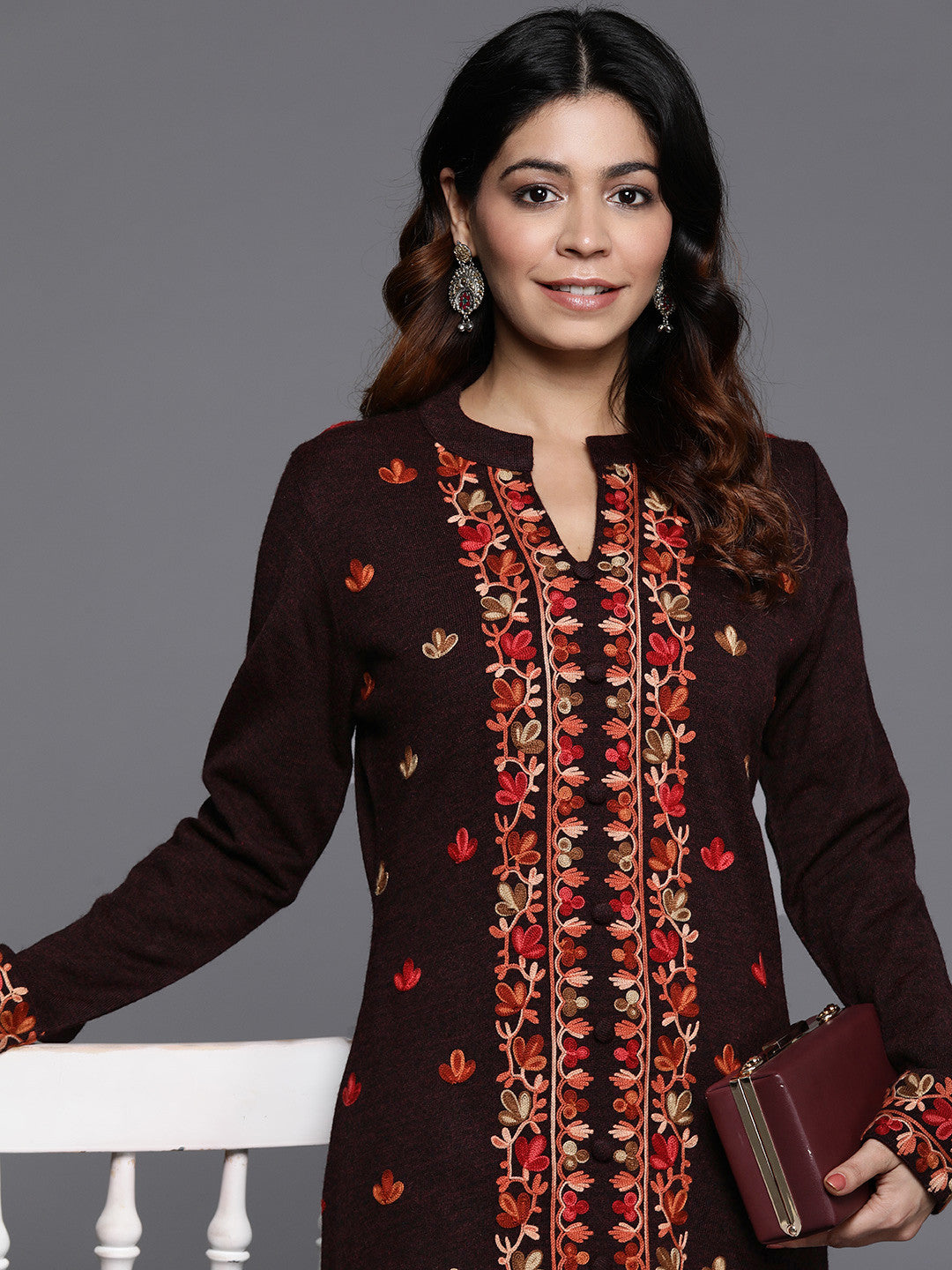 Women Floral Embroidered Regular Thread Work Pure Wool Kurta with Trousers