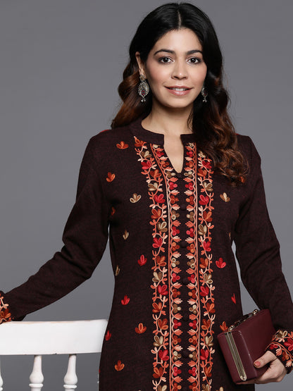 Women Floral Embroidered Regular Thread Work Pure Wool Kurta with Trousers