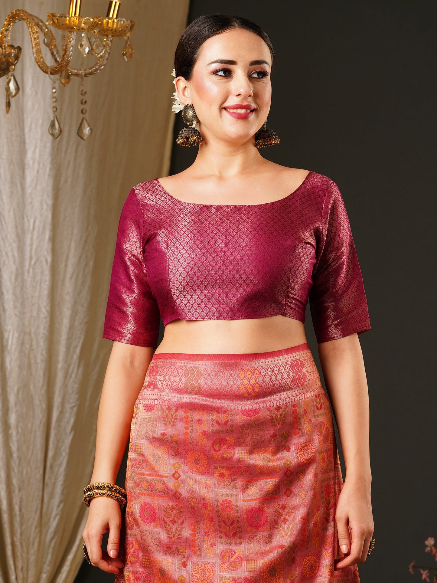 Women's Kanjeevaram Silk Pink Woven Design Celebrity Saree With Blouse Piece