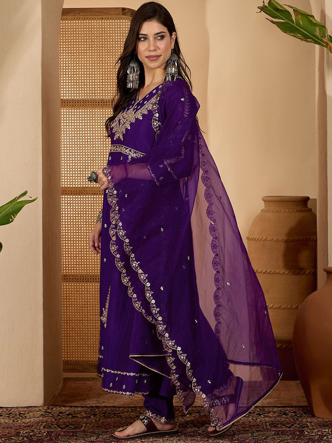 Women Zari Sequence Embroidered A-Line Kurta & Trousers With Dupatta