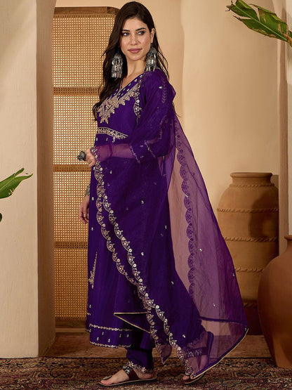 Women Zari Sequence Embroidered A-Line Kurta & Trousers With Dupatta