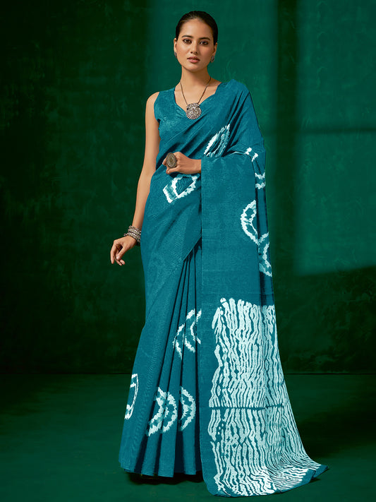 Women's Bhagalpuri Silk Blue Printed Designer Saree With Blouse Piece