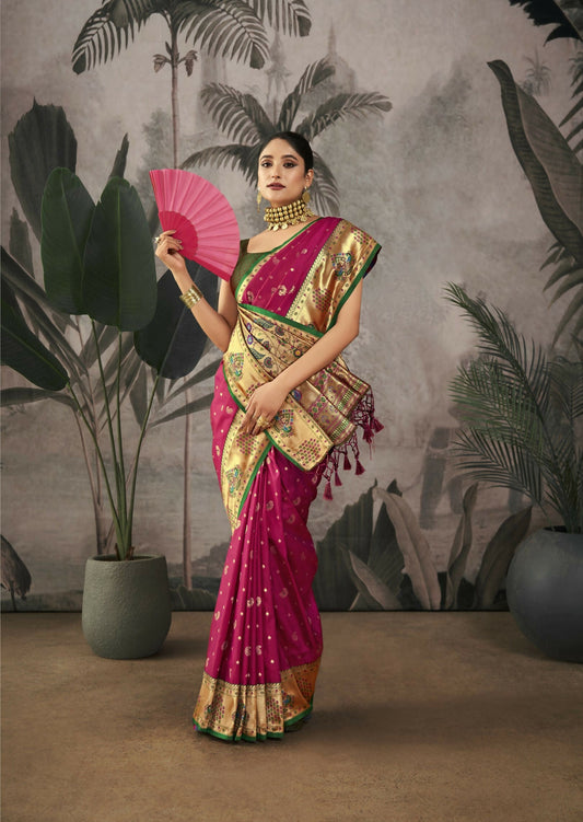 Women Paithani Isha Wine Saree With Unstiched Blouse