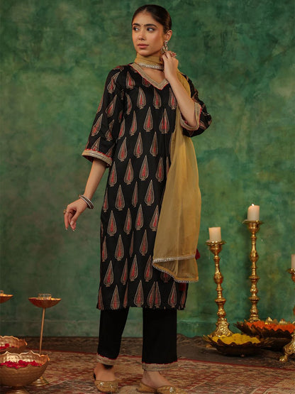 Dhiyona RR Women's Ethnic Motifs Printed Regular Kurta with Trousers & With Dupatta